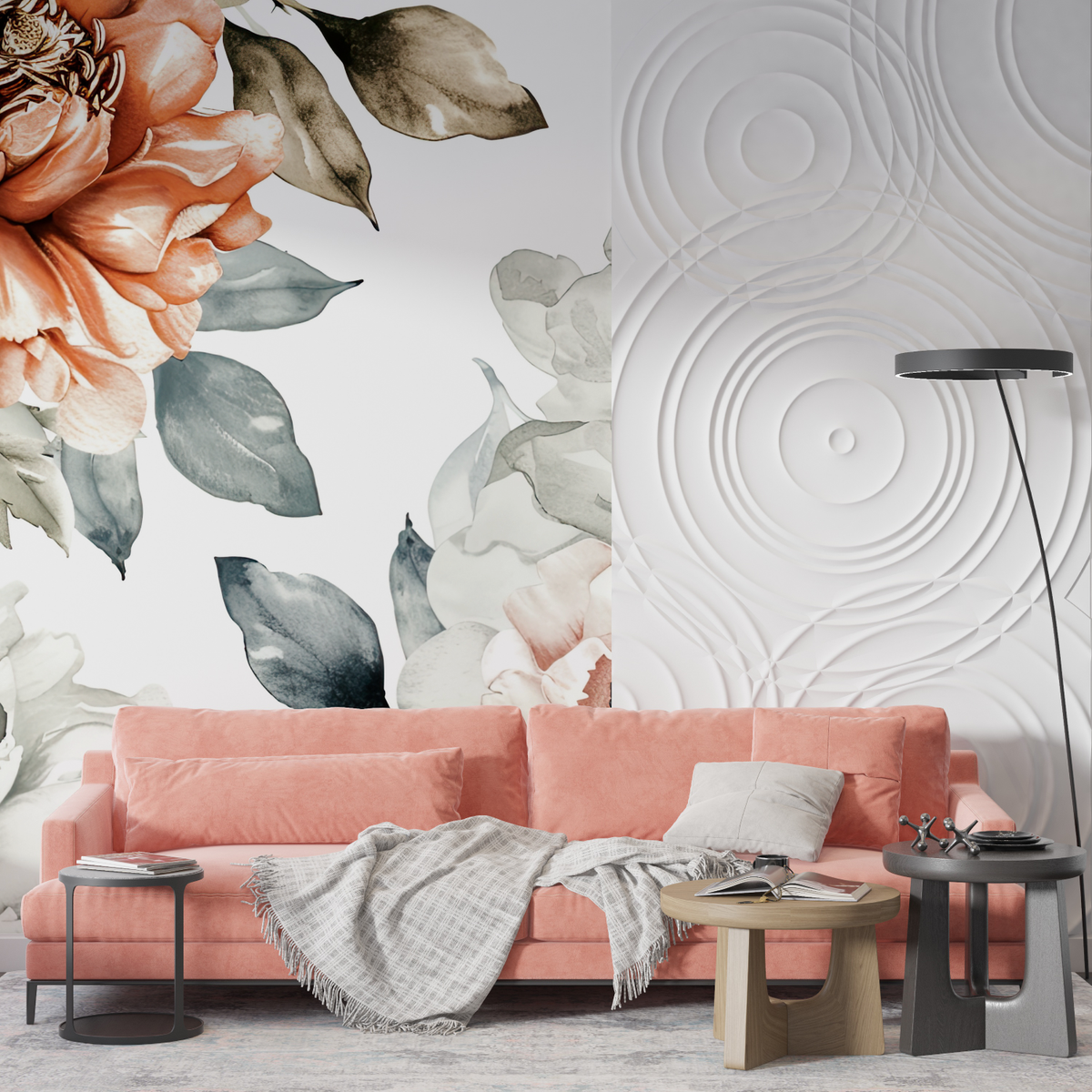 Floral Mural Wallpaper | Watercolor Peony with Geometric Pattern