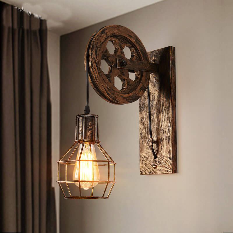 Industrial Wall Sconce Vintage Pulley Cage Design - Product example