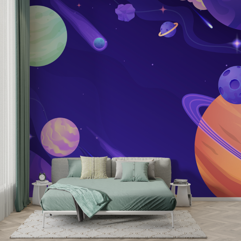 Space Mural Wallpaper | Cosmic Purple Galaxy with Planets