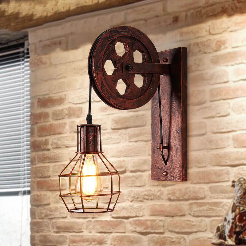Industrial Wall Sconce Vintage Pulley Cage Design - Product detail 6