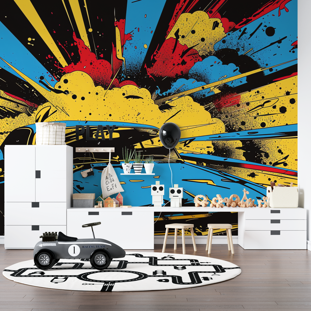 Street Art Mural Wallpaper | Dynamic Car Graffiti Explosion