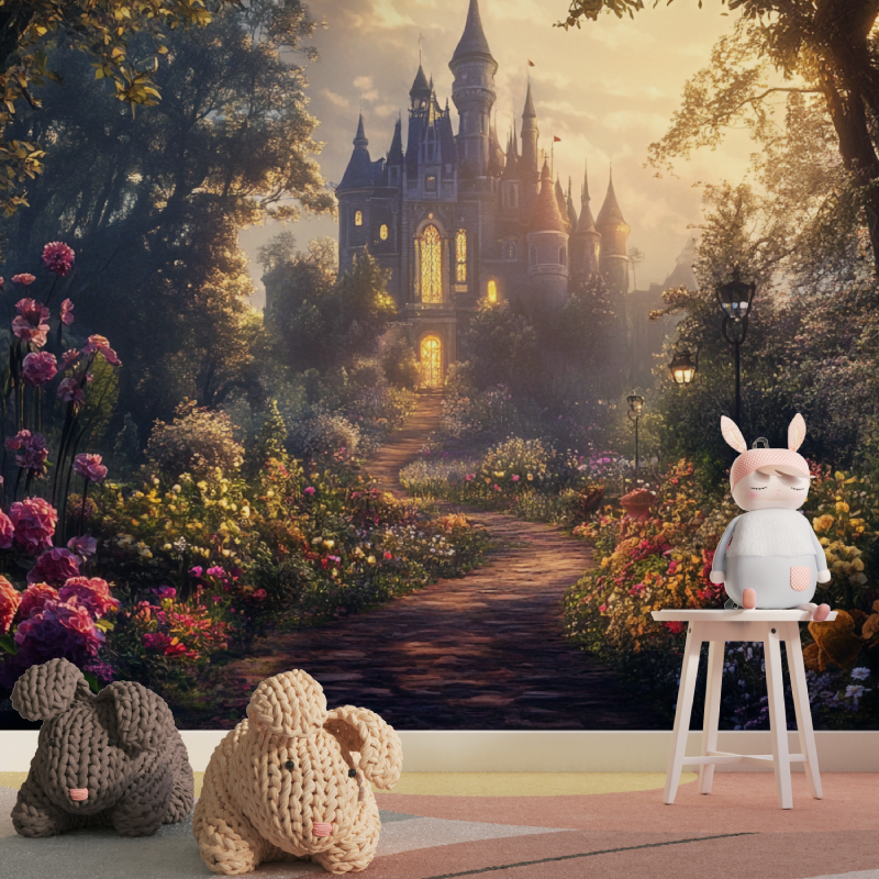 Castle Mural Wallpaper | Enchanted Garden Path at Sunset