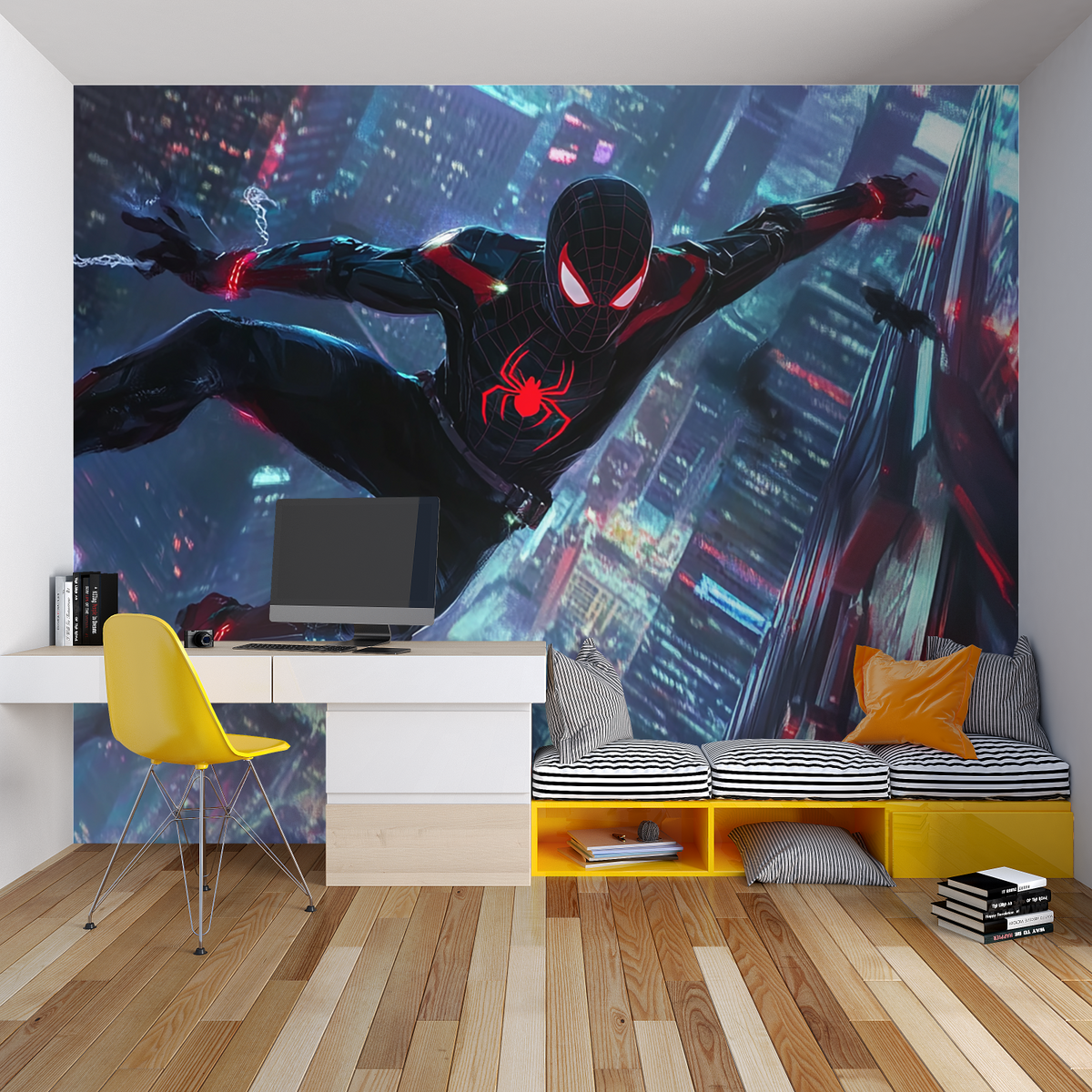 Superhero Mural Wallpaper | Cyberpunk City Night Scene