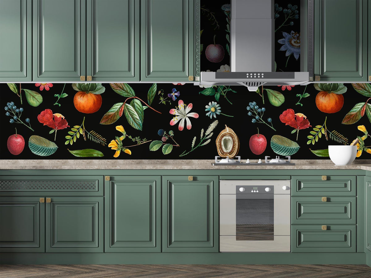Botanical Mural Wallpaper | Vintage Fruits and Flowers on Black