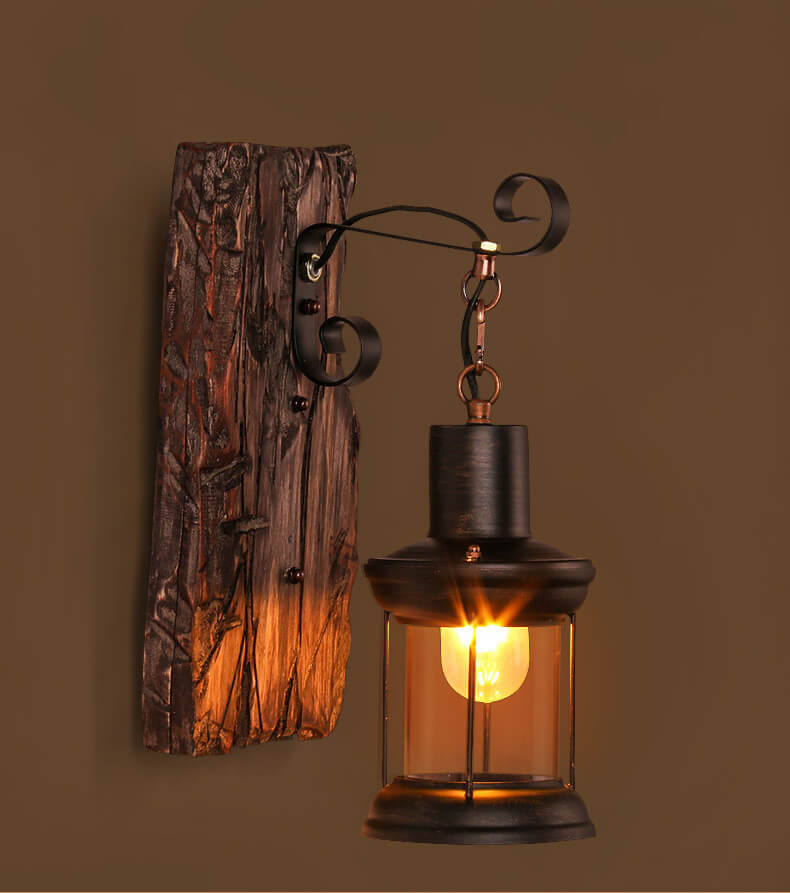 Rustic Wall Sconce Glass Lantern With Wood Mount - Product showcase