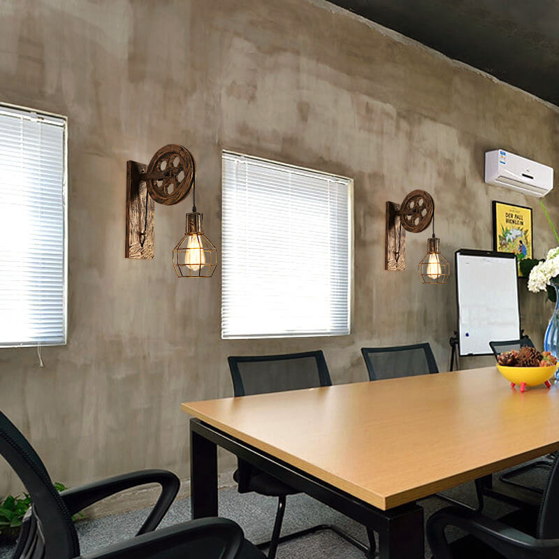 Industrial Wall Sconce Vintage Pulley Cage Design - Product showcase