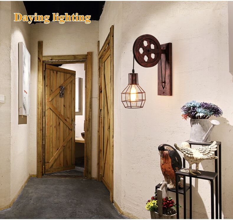 Industrial Wall Sconce Vintage Pulley Cage Design - Detailed view