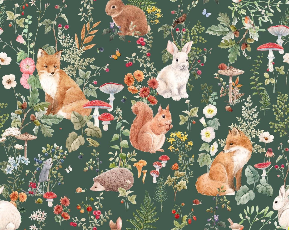 Forest Animals Mural Wallpaper | Woodland Creatures With Mushrooms