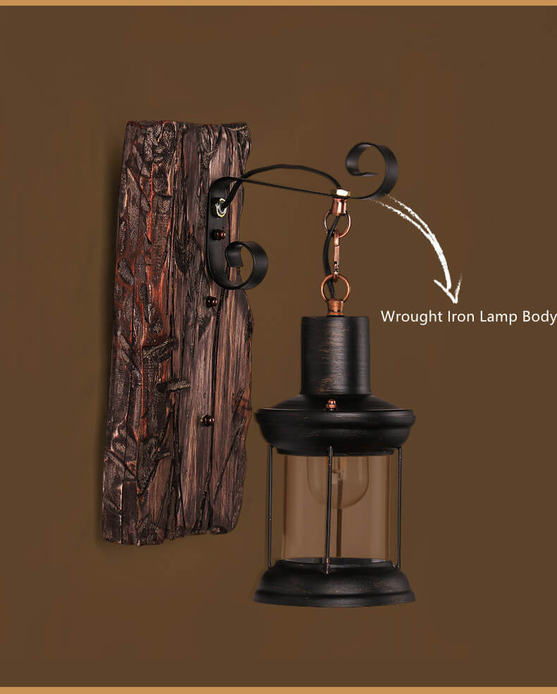 Rustic Wall Sconce Glass Lantern With Wood Mount - Detailed view
