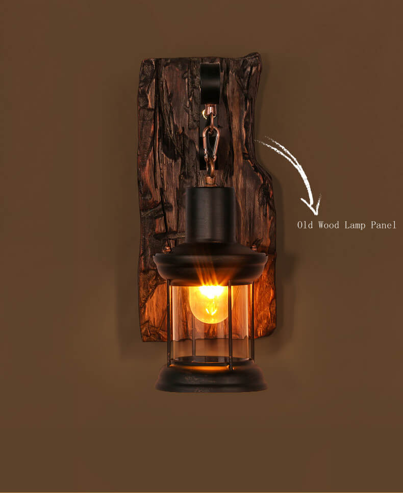 Rustic Wall Sconce Glass Lantern With Wood Mount - Product example