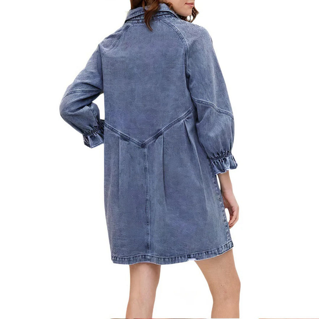 Denim Mini Dress Ruffle Sleeve Button-Down Design - Product detail 4