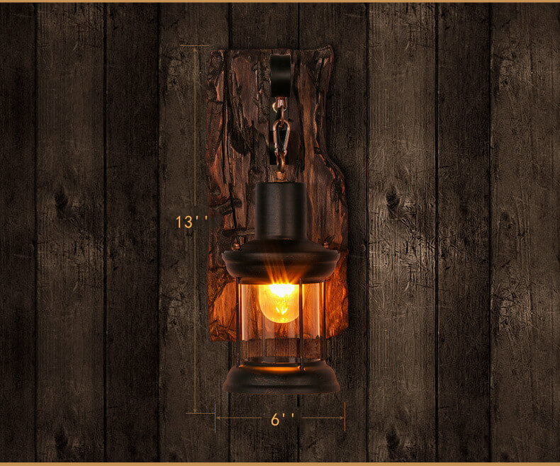 Rustic Wall Sconce Glass Lantern With Wood Mount - Product detail 4