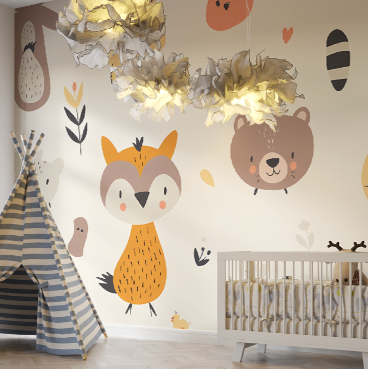 Forest Animals Mural Wallpaper | Cute Nursery Design With Fox and Bear