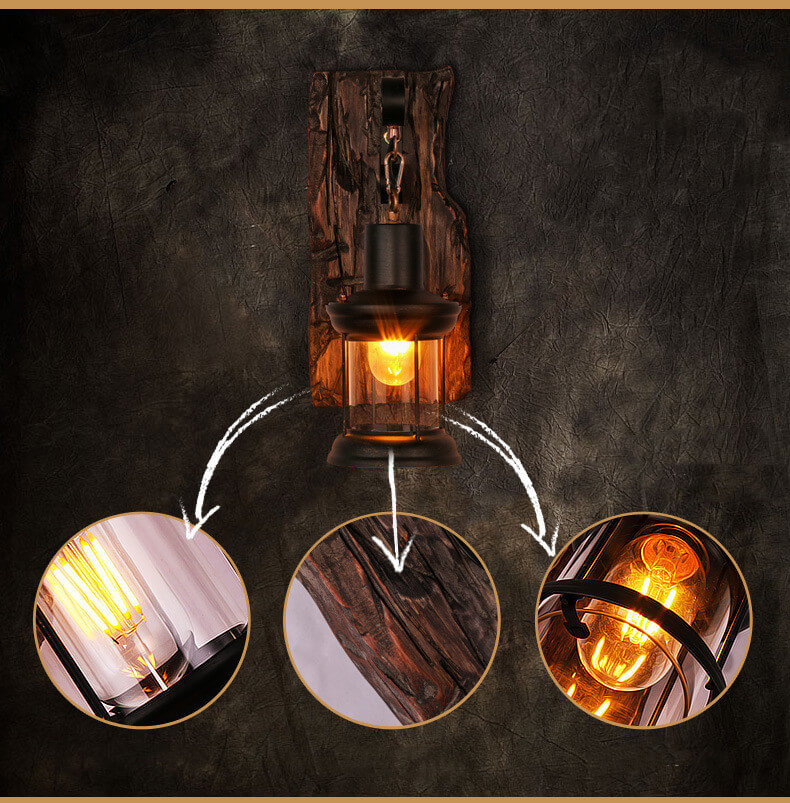 Rustic Wall Sconce Glass Lantern With Wood Mount - Product detail 5