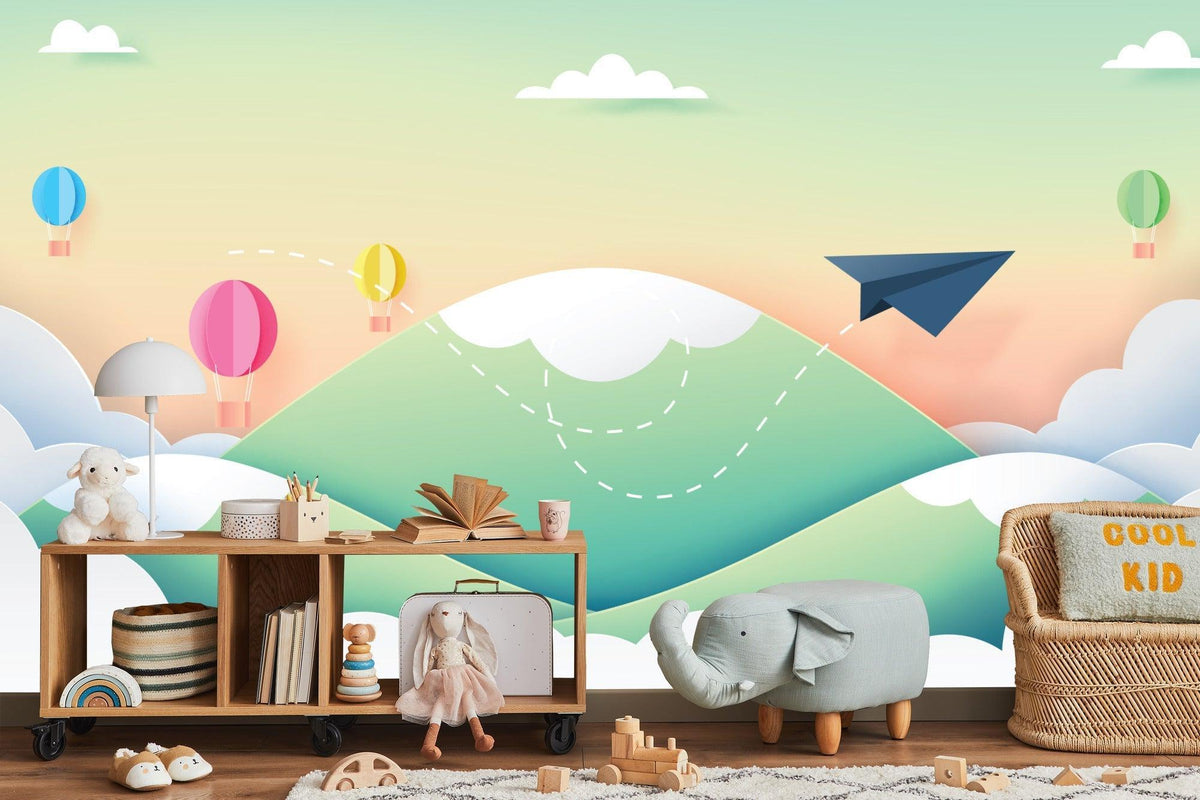 Kids Mural Wallpaper | Paper Airplane and Hot Air Balloons Adventure