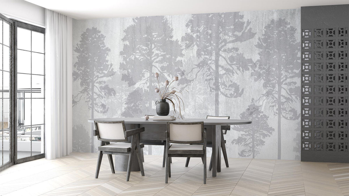 Forest Mural Wallpaper | Misty Pine Trees in Grey