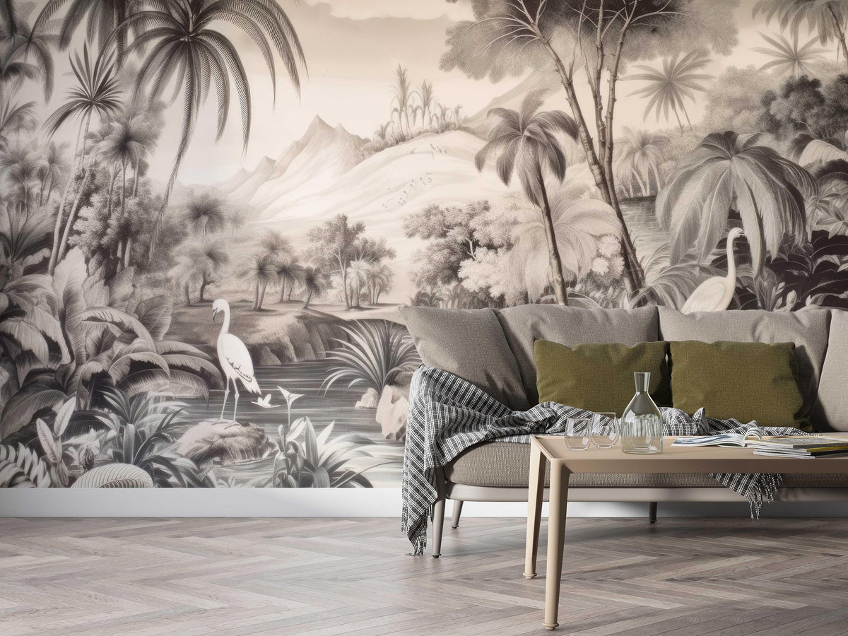 Tropical Paradise Mural Wallpaper | Monochrome Birds and Palm Trees