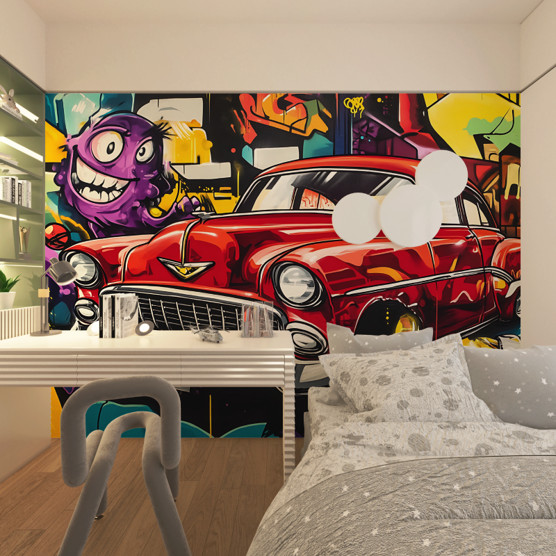 Street Art Mural Wallpaper | Vintage Car Graffiti Design