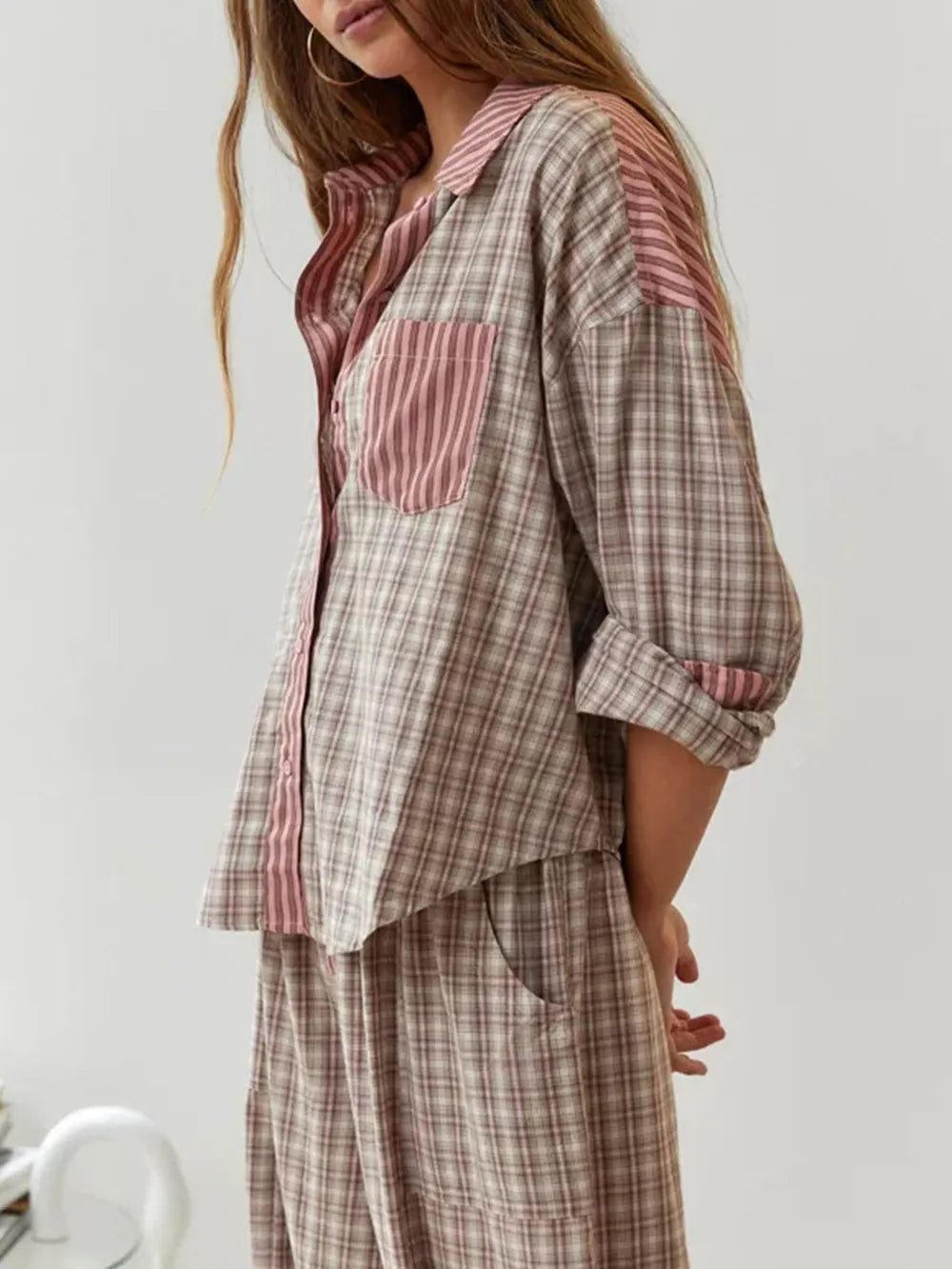 Cotton Blend Pajama Set Striped Pattern With Plaid Accents - Product detail 7