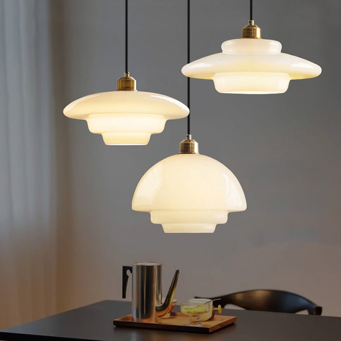 Glass Dome Pendant Light Tiered Ivory Shade with Brass Accent - Product detail 14