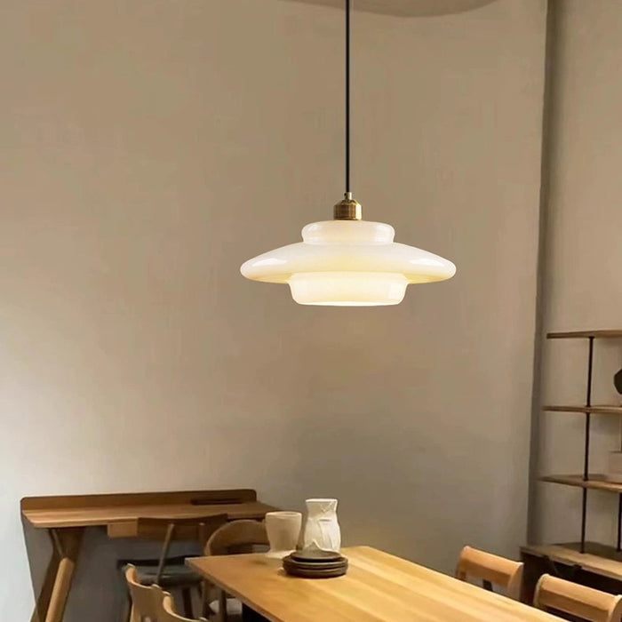 Glass Dome Pendant Light Tiered Ivory Shade with Brass Accent - Product detail 11