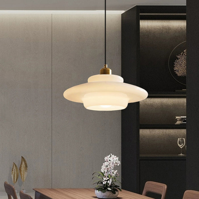 Glass Dome Pendant Light Tiered Ivory Shade with Brass Accent - Product detail 12