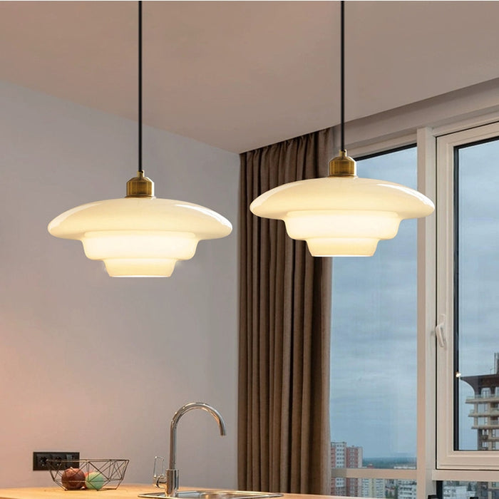Glass Dome Pendant Light Tiered Ivory Shade with Brass Accent - Product detail 7