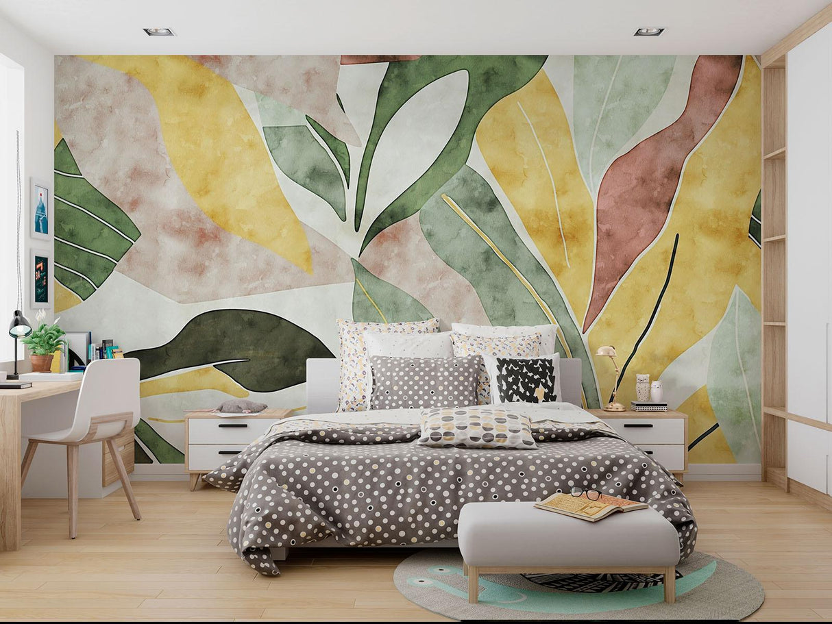 Papel Pintado Mural Tropical | Hojas Abstractas en Acuarela Amarillas y Verdes