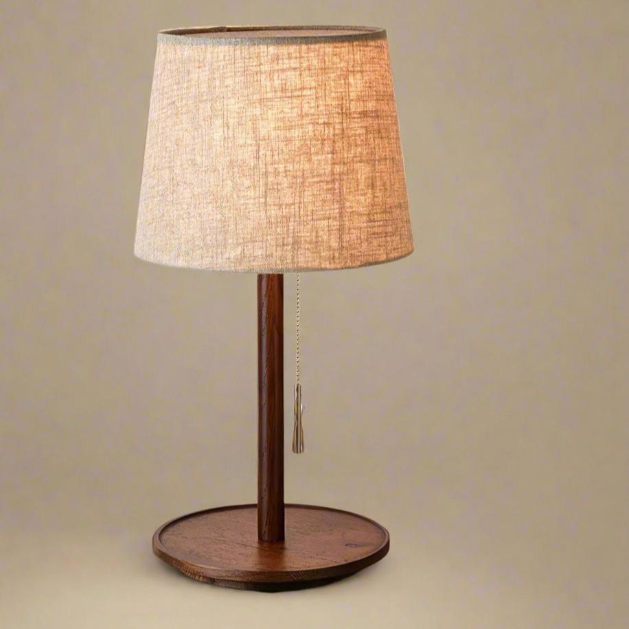 Mid Century Table Lamp  Walnut Wood Base with Linen Shade - Detailed view