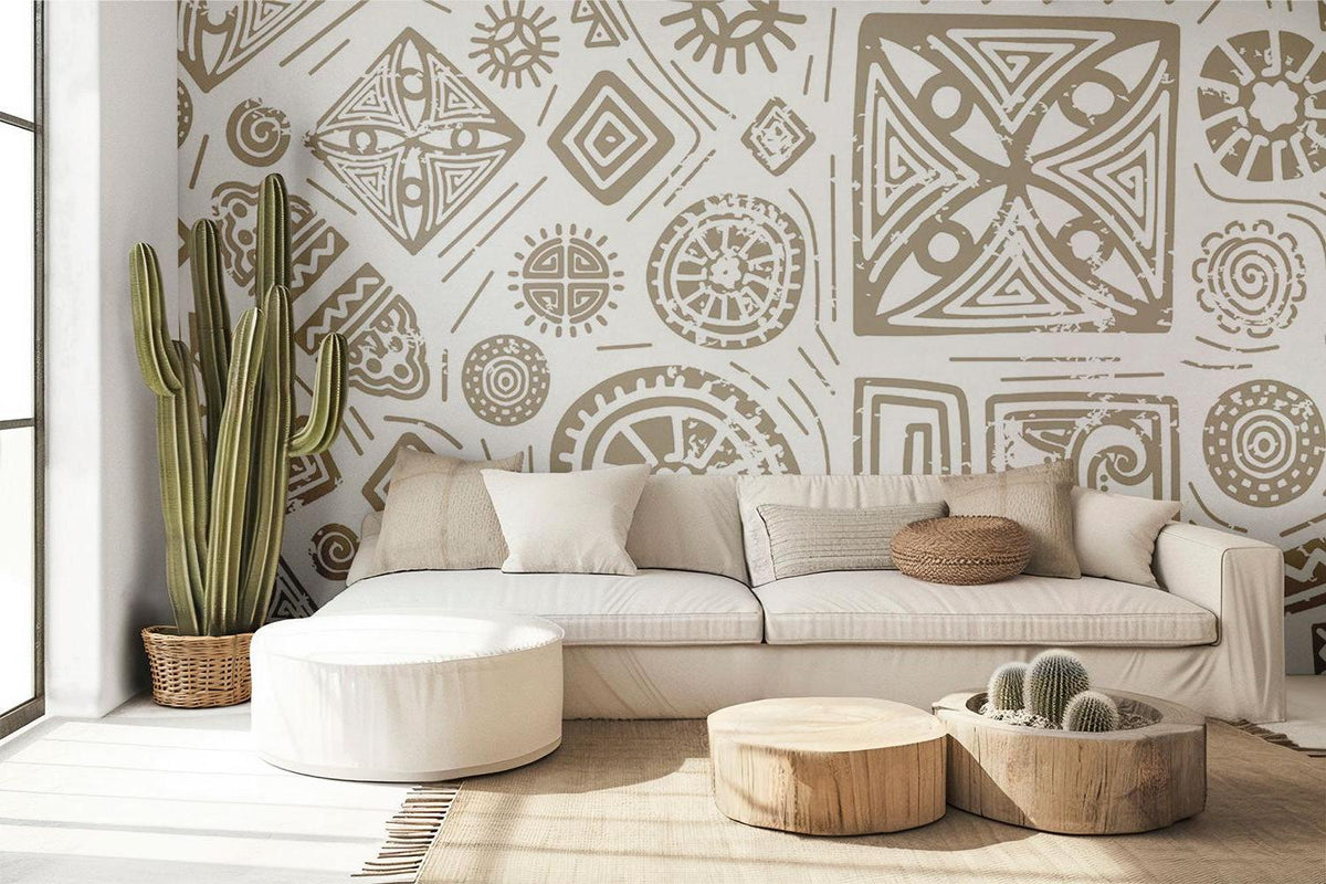 Geometric Mural Wallpaper | Tribal Beige and White Pattern