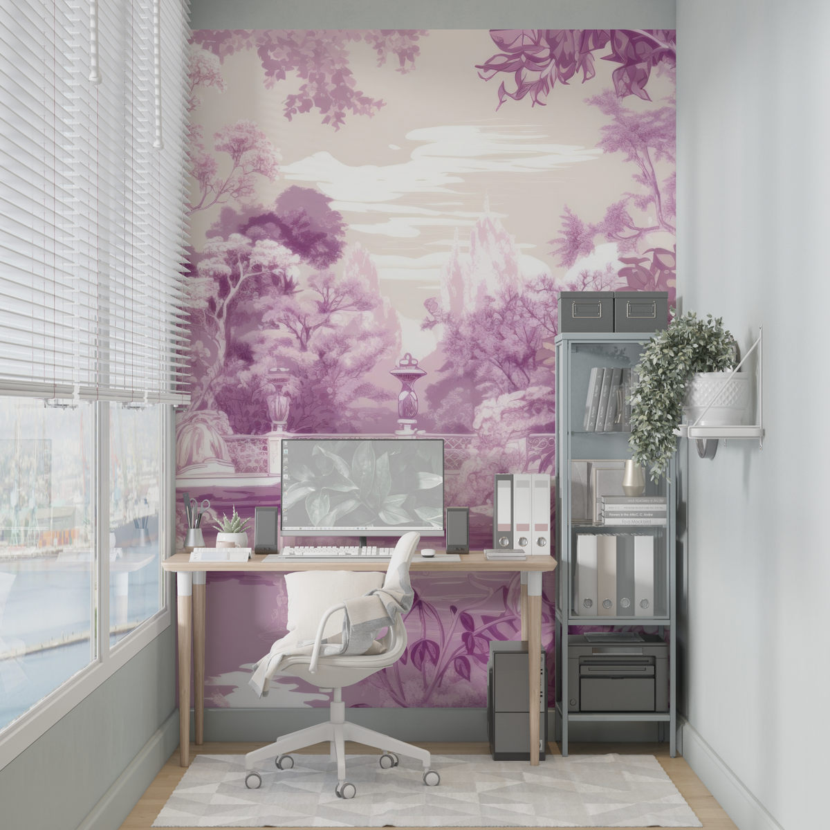 Garden Mural Wallpaper | Purple Floral Paradise with Pagoda