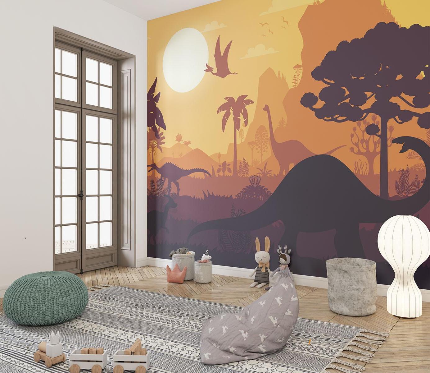 Papier Peint Mural Dinosaure | Paysage Préhistorique au Coucher du Soleil