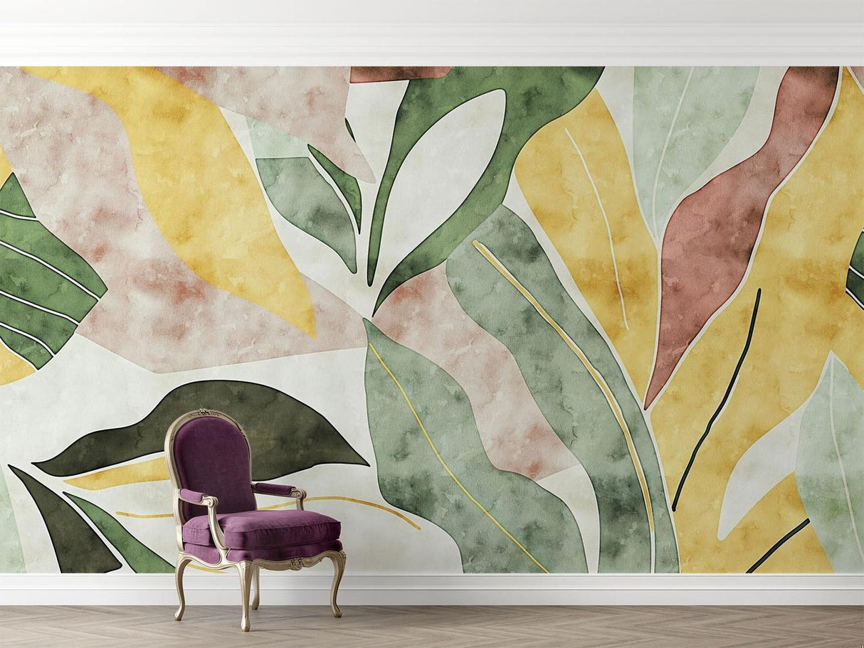 Papel Pintado Mural Tropical | Hojas Abstractas en Acuarela Amarillas y Verdes