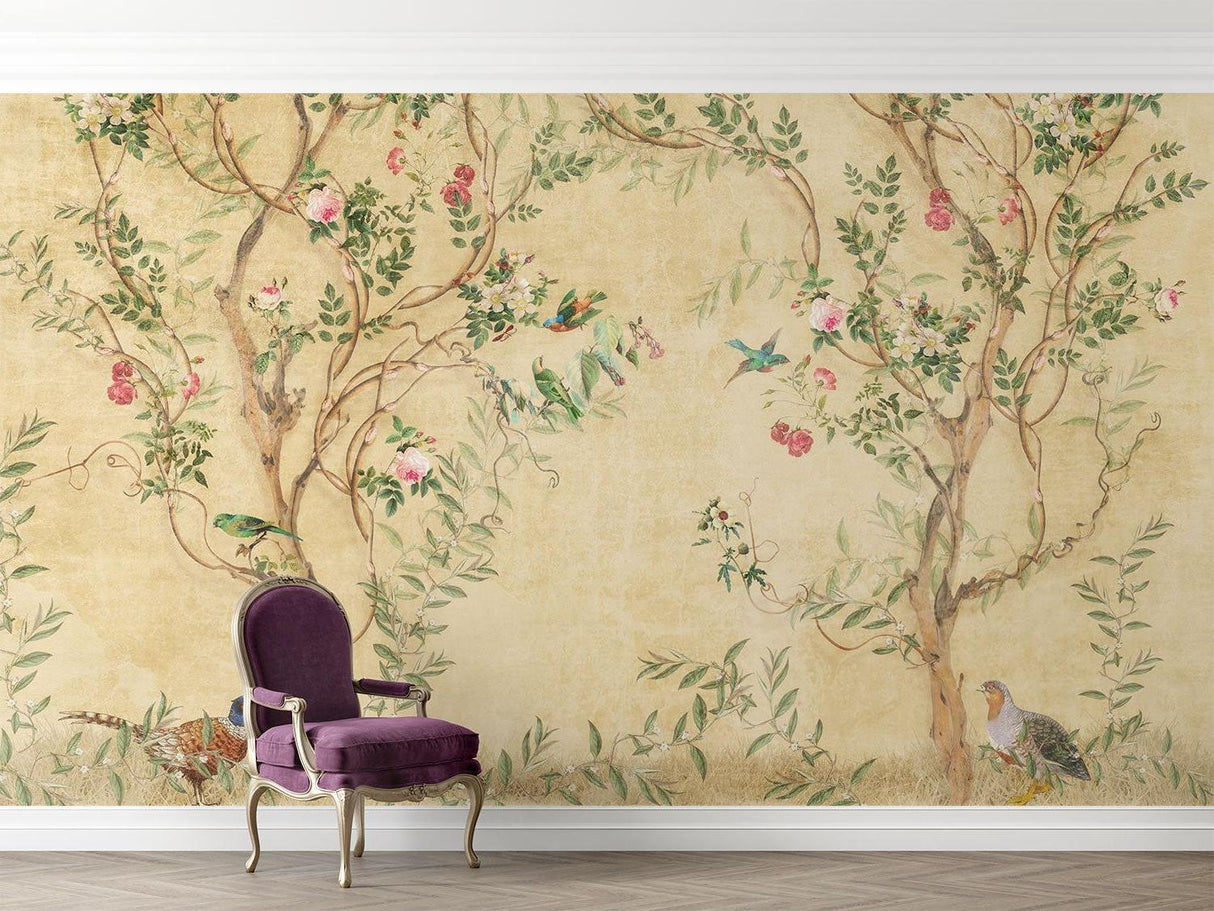 Papel Pintado Mural Floral Vintage | Diseño Chinoiserie de Pájaros y Rosas