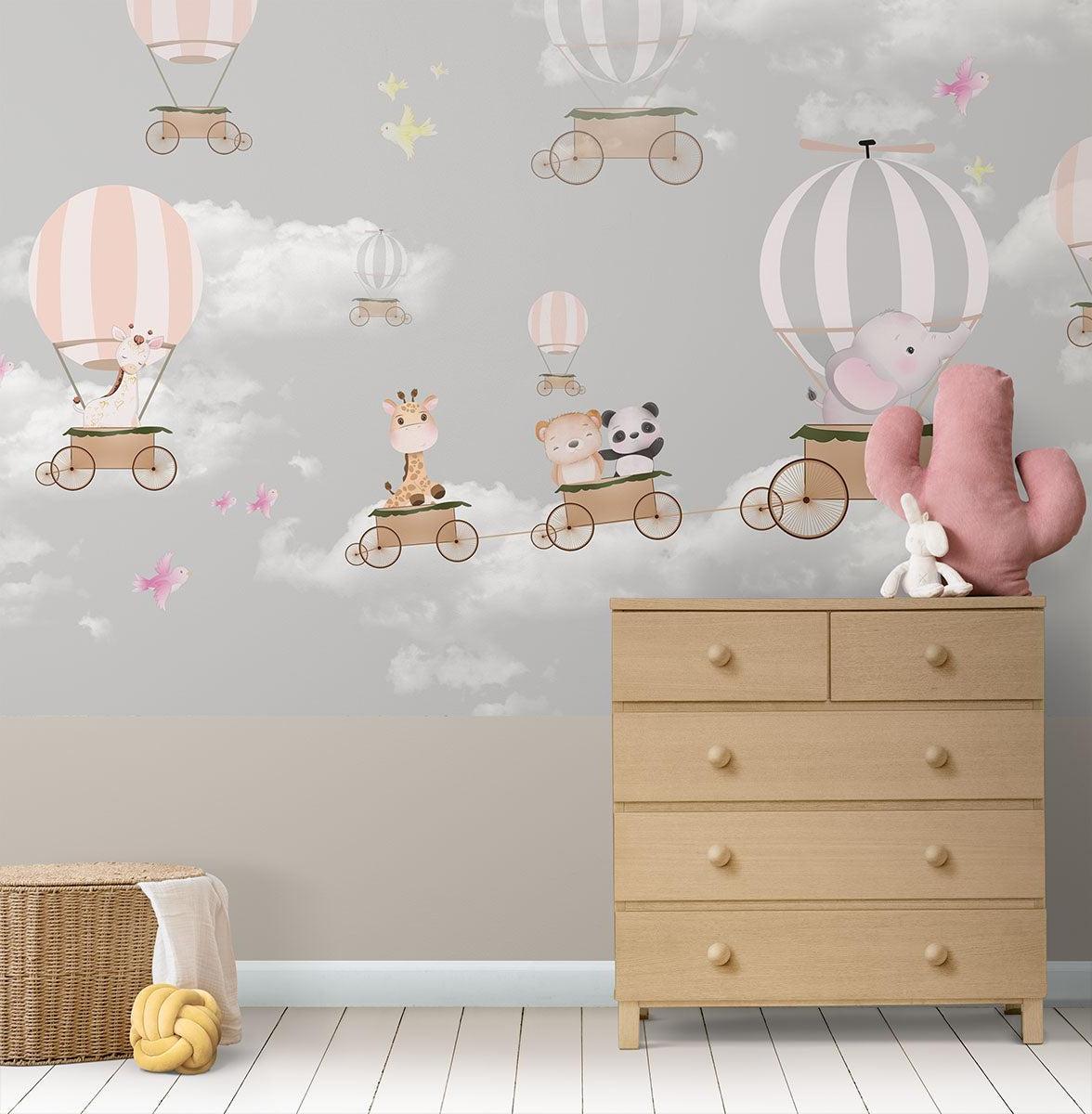 Papier Peint Mural Montgolfière | Aventure Animale en Rose et Gris