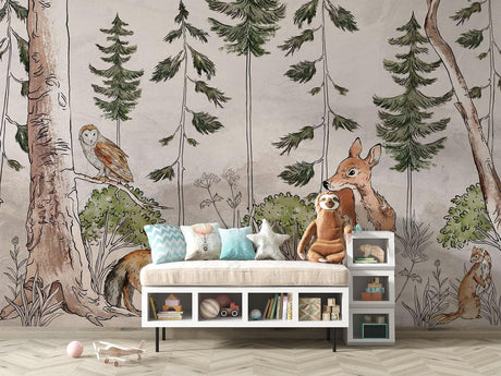 Papier Peint Mural Animaux de la Forêt | Scène de la Forêt Aquarelle