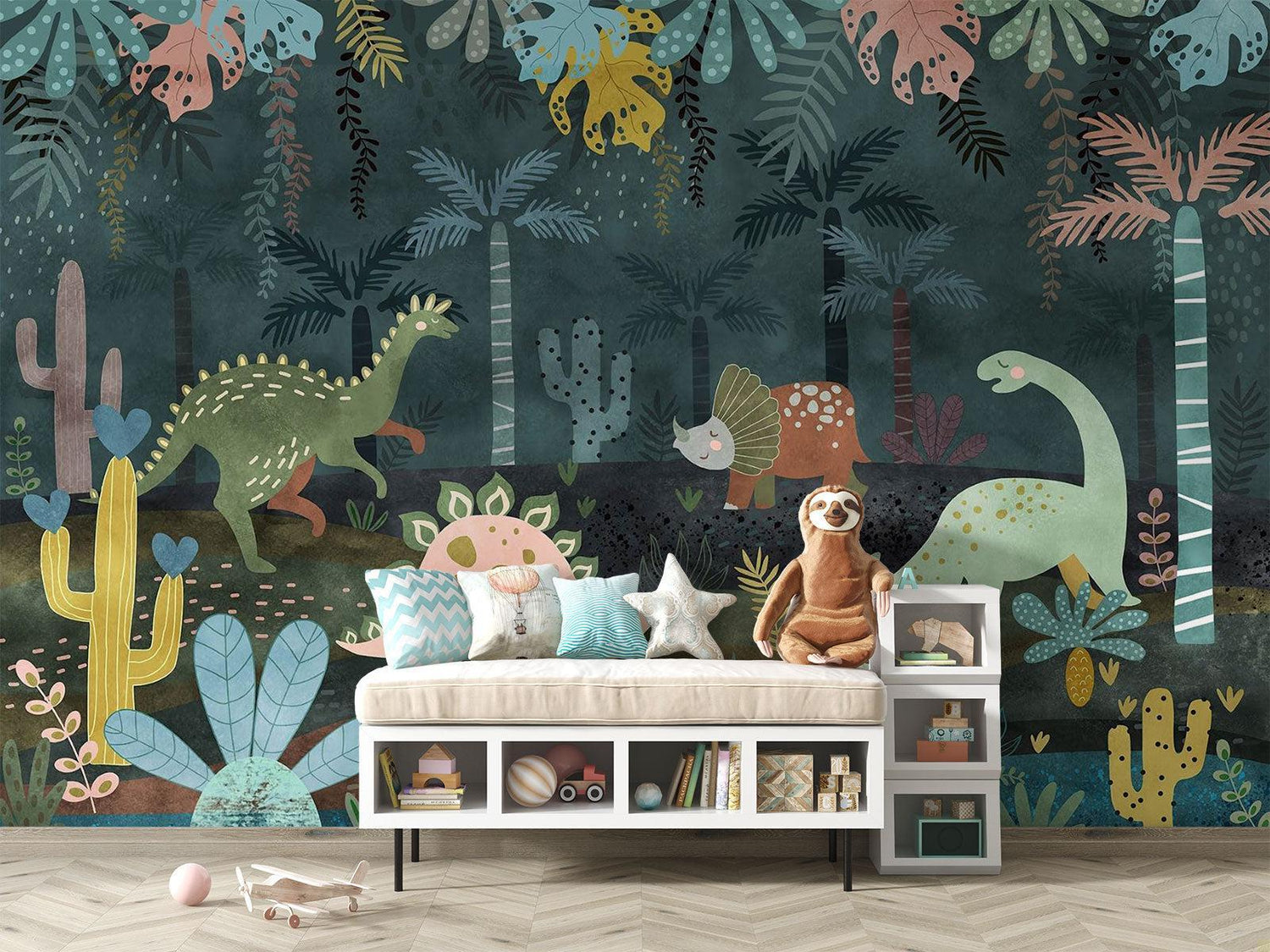 Dinosaurier Tapete | Dschungelabenteuer mit pastellfarbenen Figuren