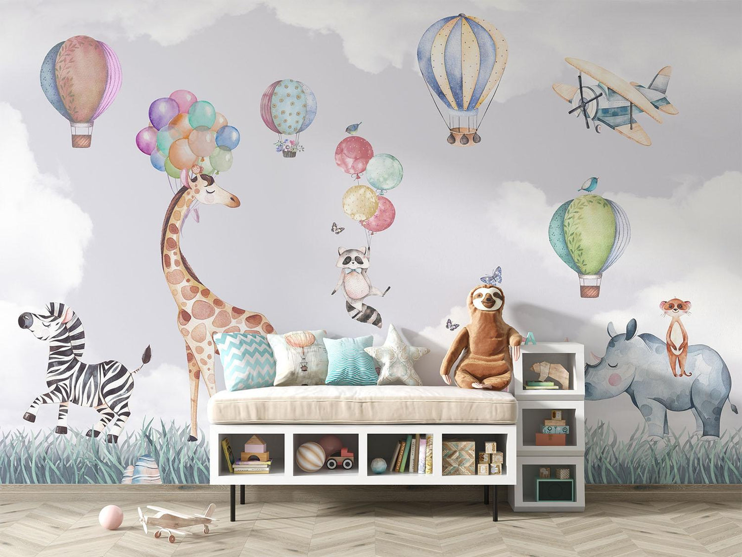Papier Peint Mural Animaux Safari | Aventure en Montgolfière Aquarelle