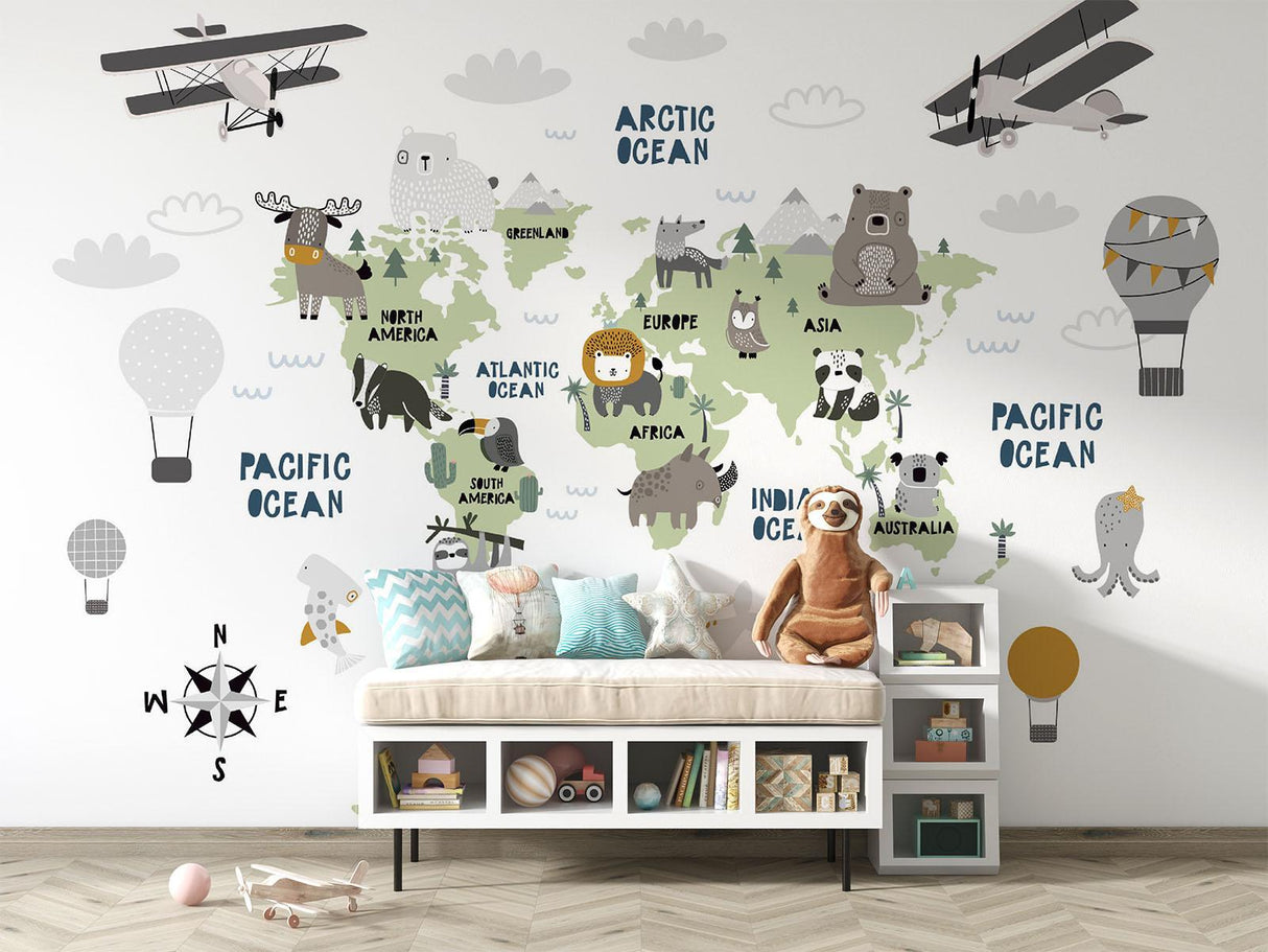 Papier Peint Mural Carte du Monde | Thème Aventure Enfants avec Animaux
