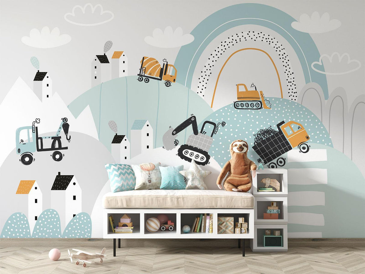 Byggetapet | Legesygt køretøjsscene med regnbue