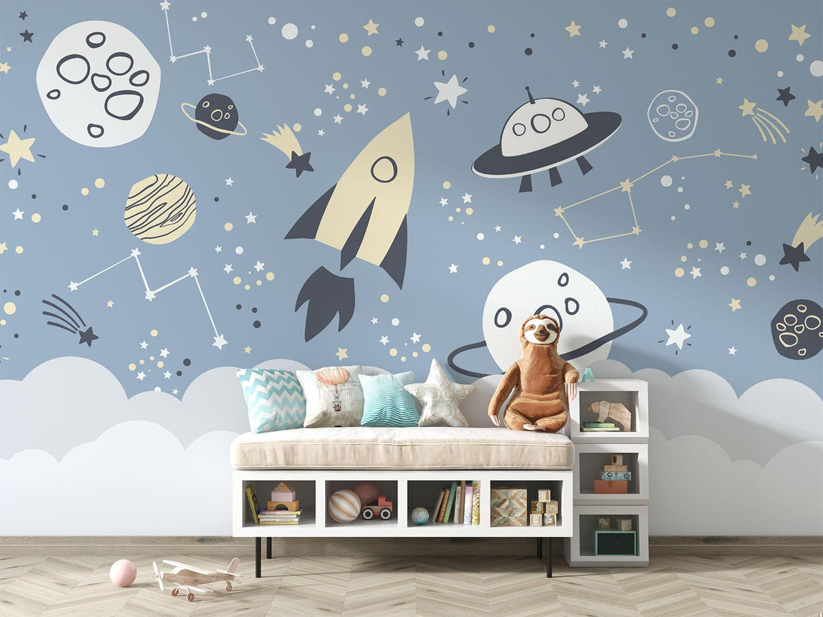 Space Mural Wallpaper | Galaxy Adventure with Rockets and UFOs