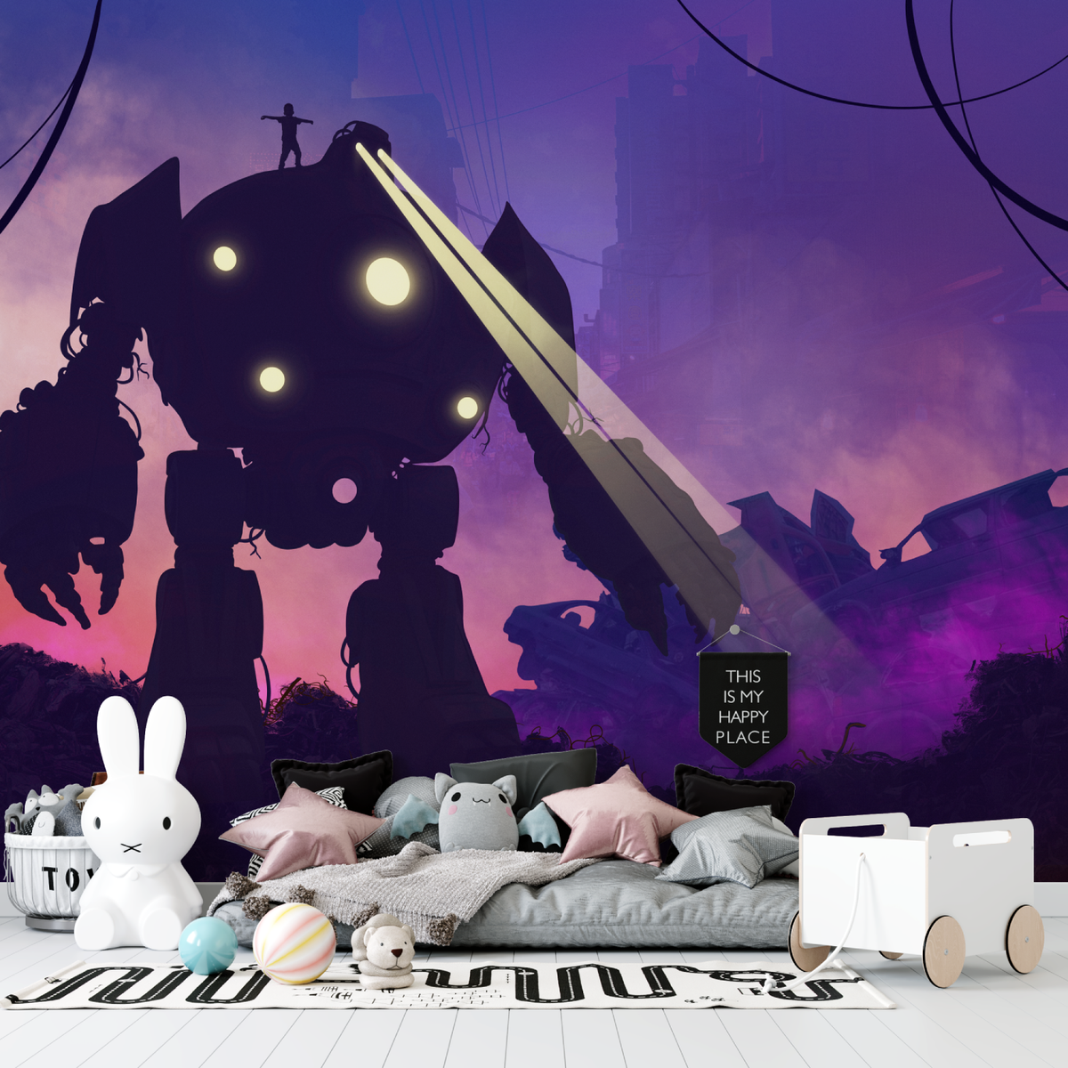 Robot Mural Wallpaper | Futuristic Tech Design with Red Glow
