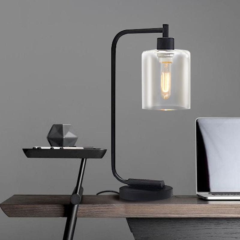 Modern Cylinder Table Lamp Black Metal With Glass Shade - Detailed view