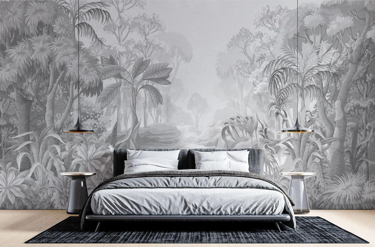 Carta da Parati Murale Tropicale | Paradiso della Giungla Monocromatico