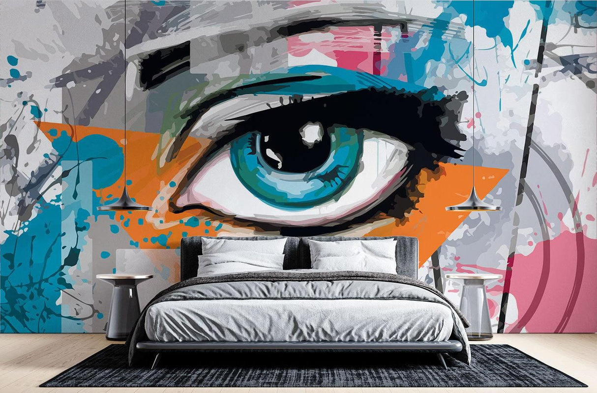 Carta da Parati Murale Street Art | Occhio Vibrante con Schizzi Turchesi