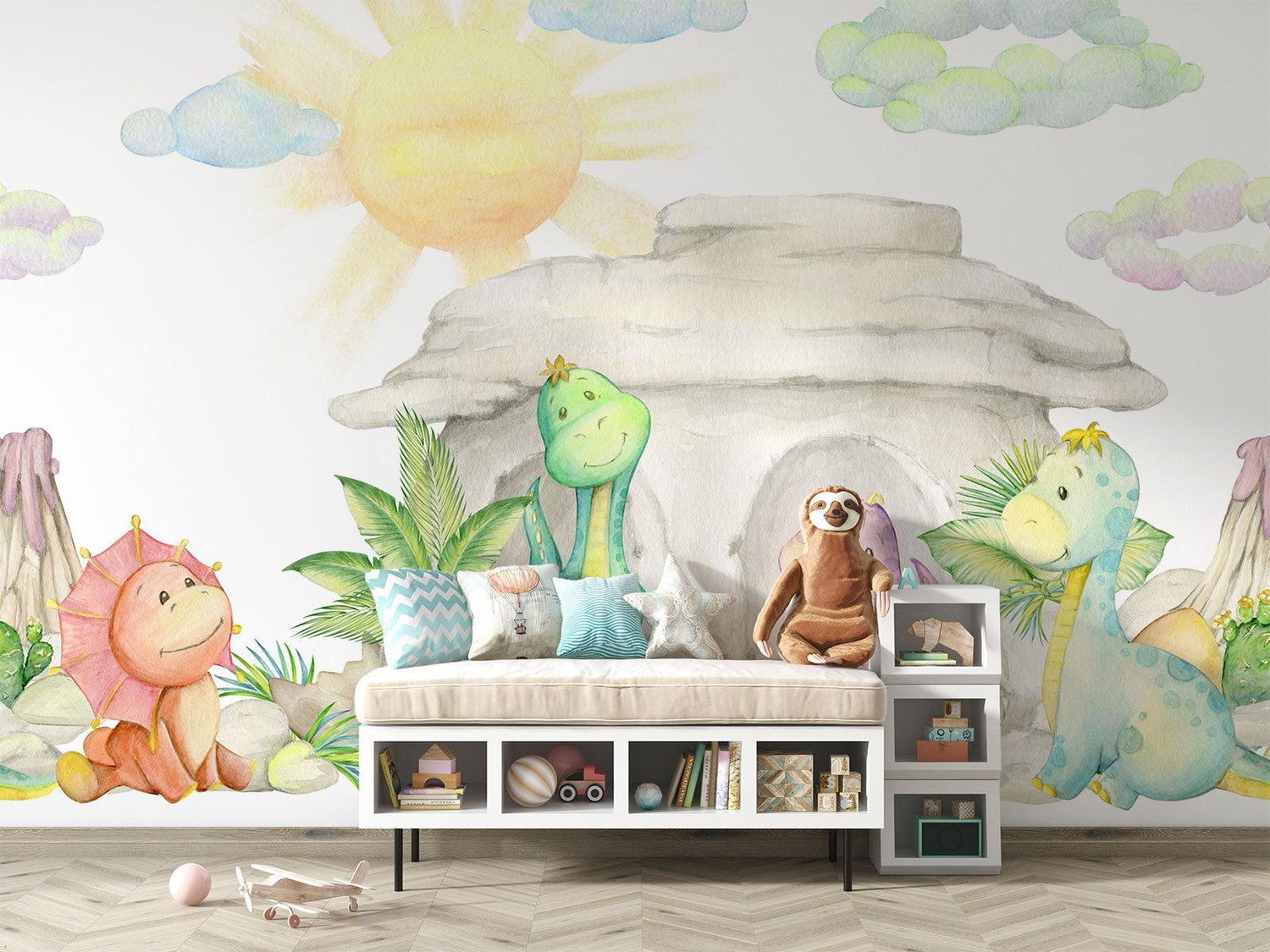 Papier Peint Mural Dinosaure | Aquarelle Pastel Caverne de Bébés Dragons