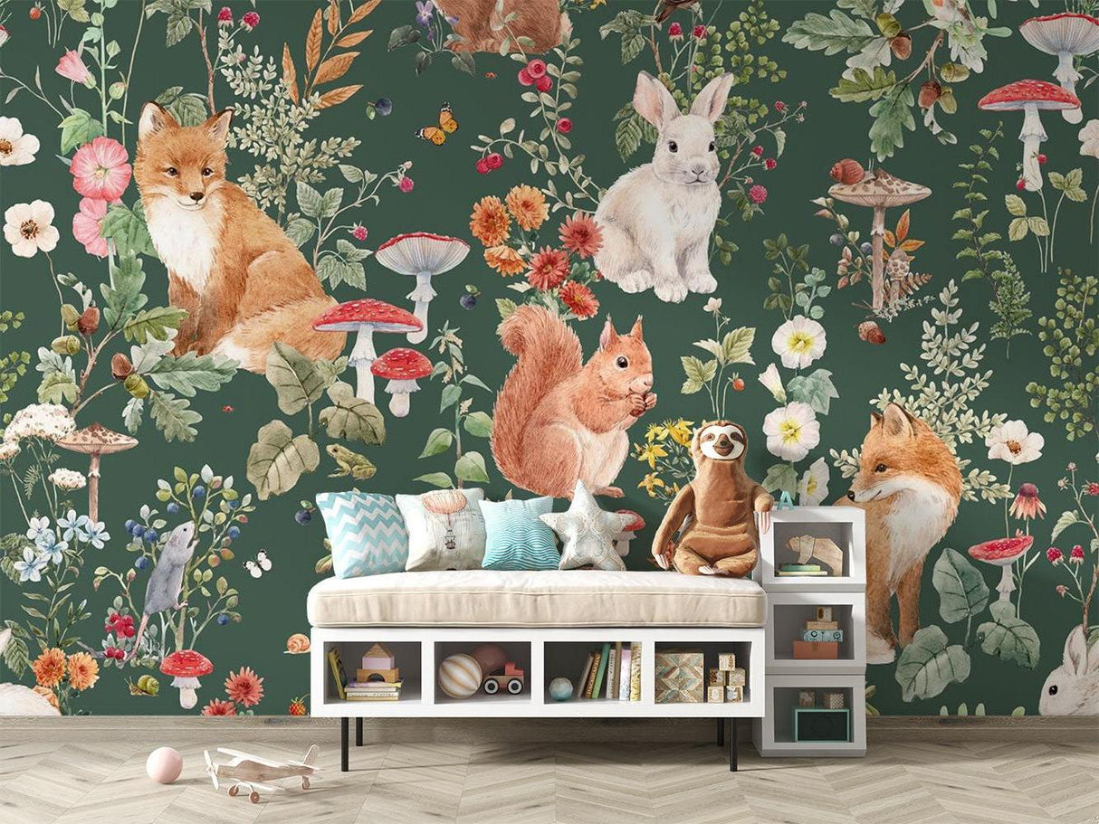 Forest Animals Mural Wallpaper | Woodland Creatures With Mushrooms