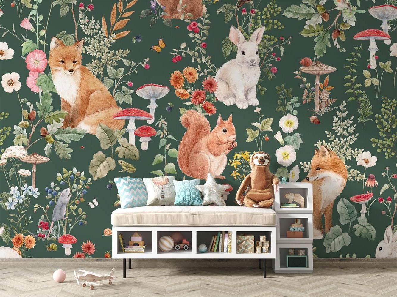 Forest Animals Mural Wallpaper | Woodland Creatures With Mushrooms