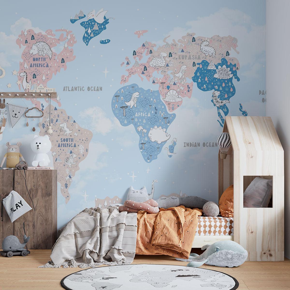 Papier Peint Mural Carte du Monde | Aventure de Dinosaures en Couleurs Pastel
