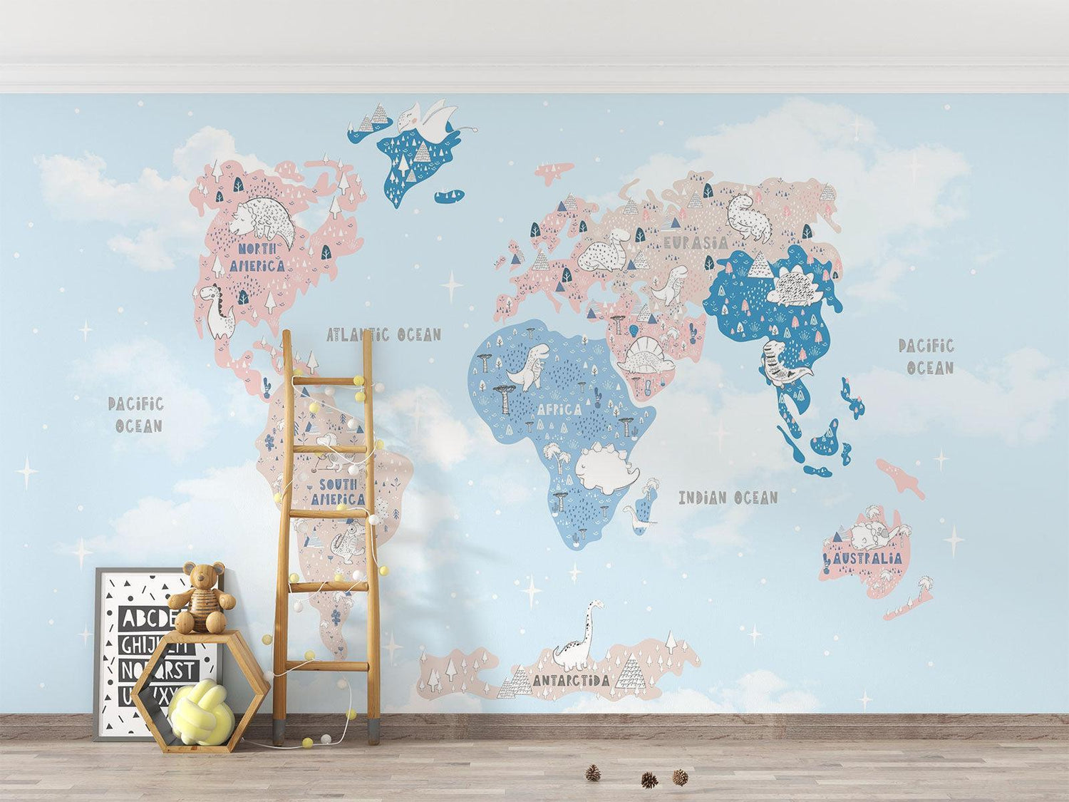 Papier Peint Mural Carte du Monde | Aventure de Dinosaures en Couleurs Pastel
